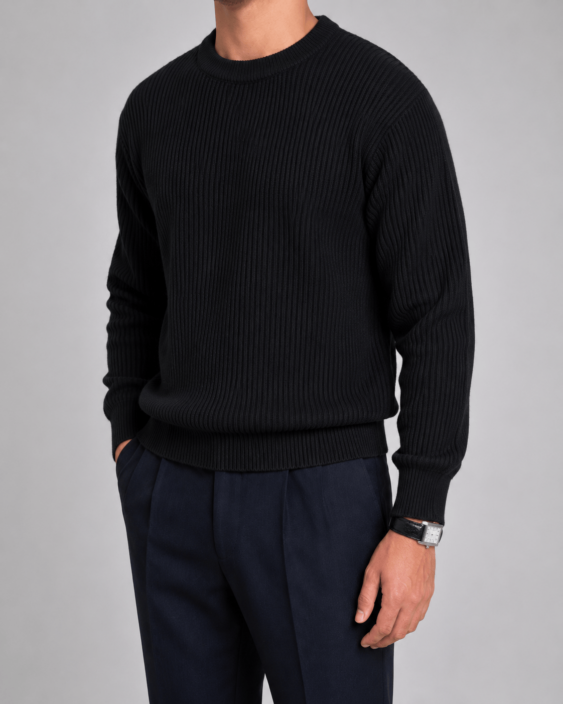 Relaxed Fit Crewneck Jumper for Man with Ribbed Cuffs and Dropped Shoulders