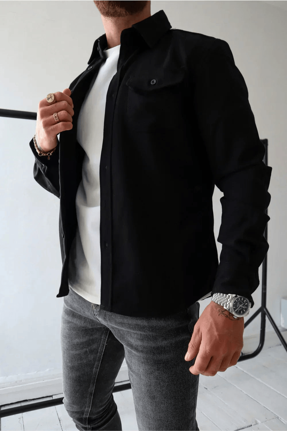 Men's Button Down Shirt Jacket | Double Pocket