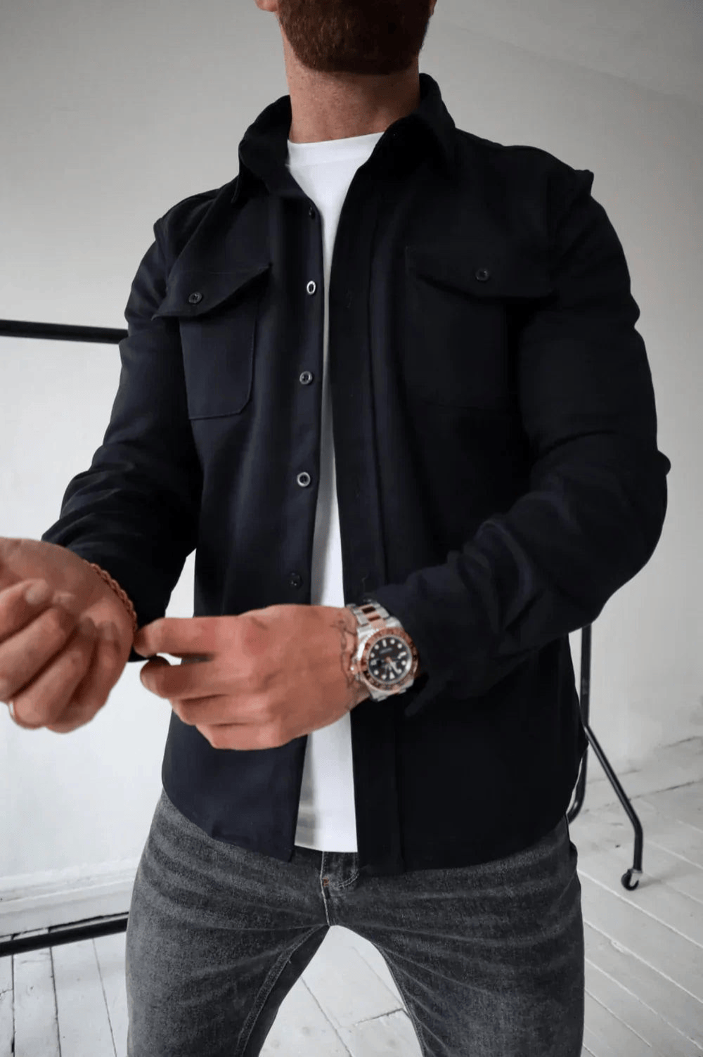 Men's Button Down Shirt Jacket | Double Pocket