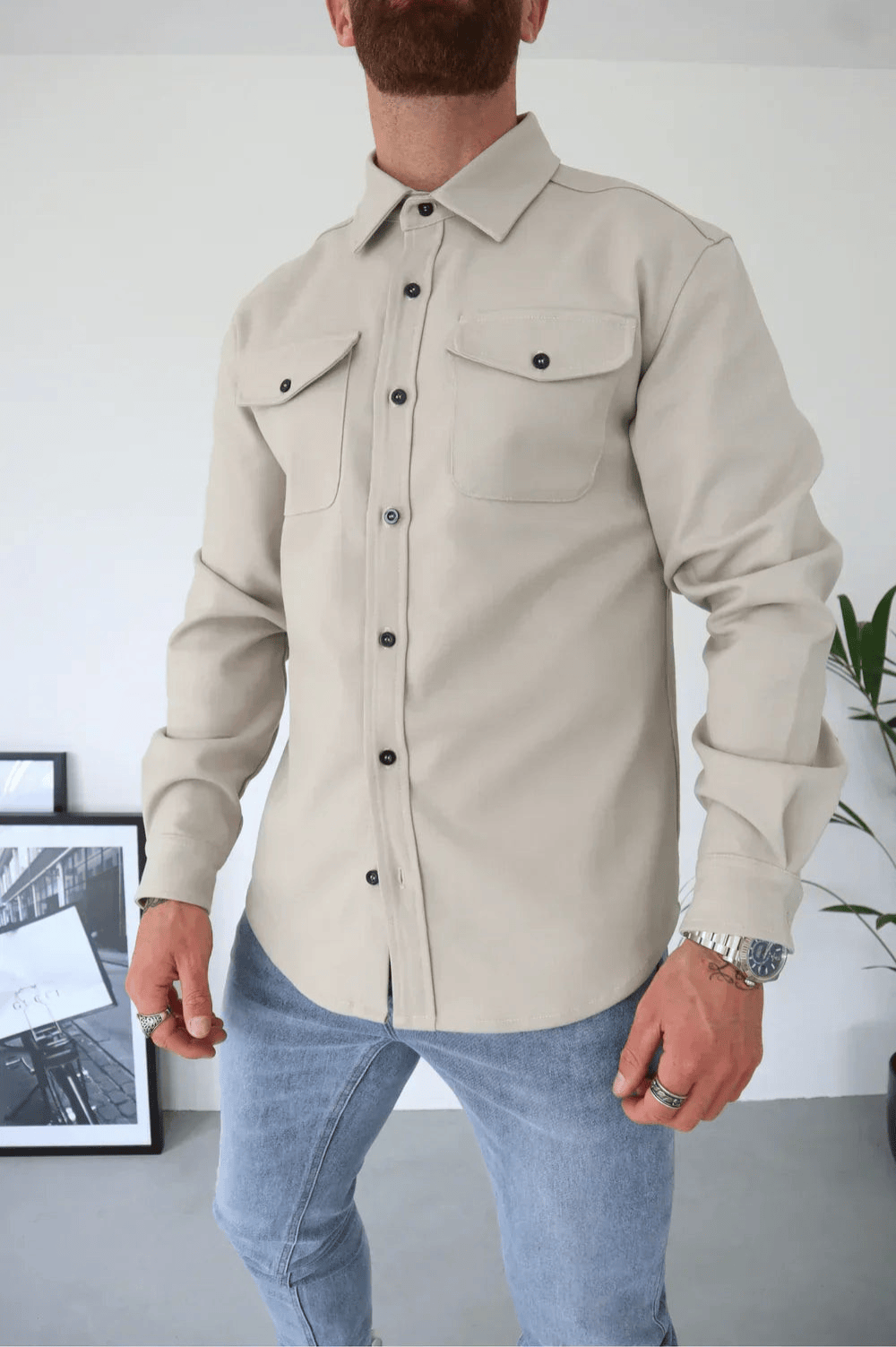 Men's Button Down Shirt Jacket | Double Pocket