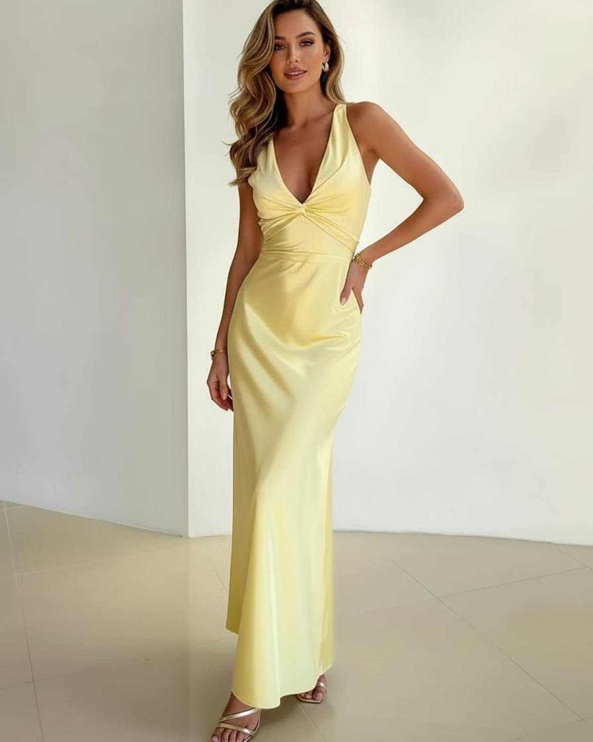 Wedding Guest Dress Women Maxi | Deep V-Neck & Twist Detail