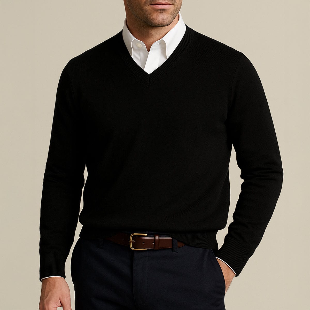 Men's Knit V-Neck Jumper | Ribbed Edge Detail