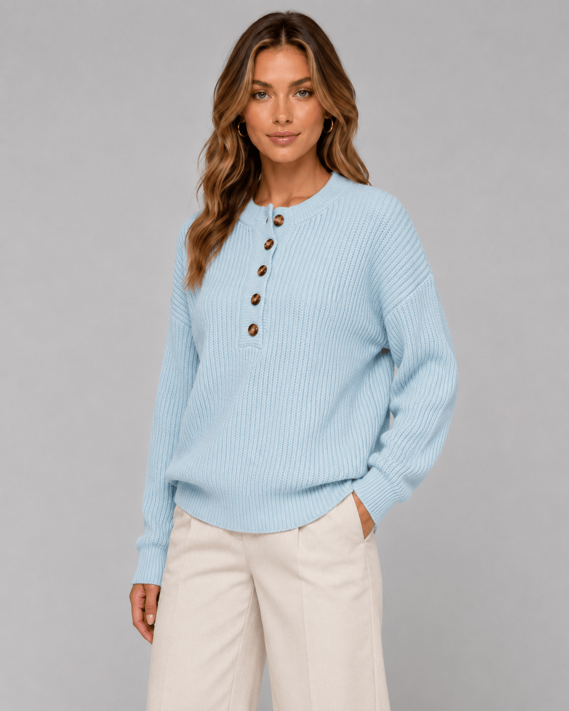 Women's Ribbed Knit Henley Jumper | Button Placket