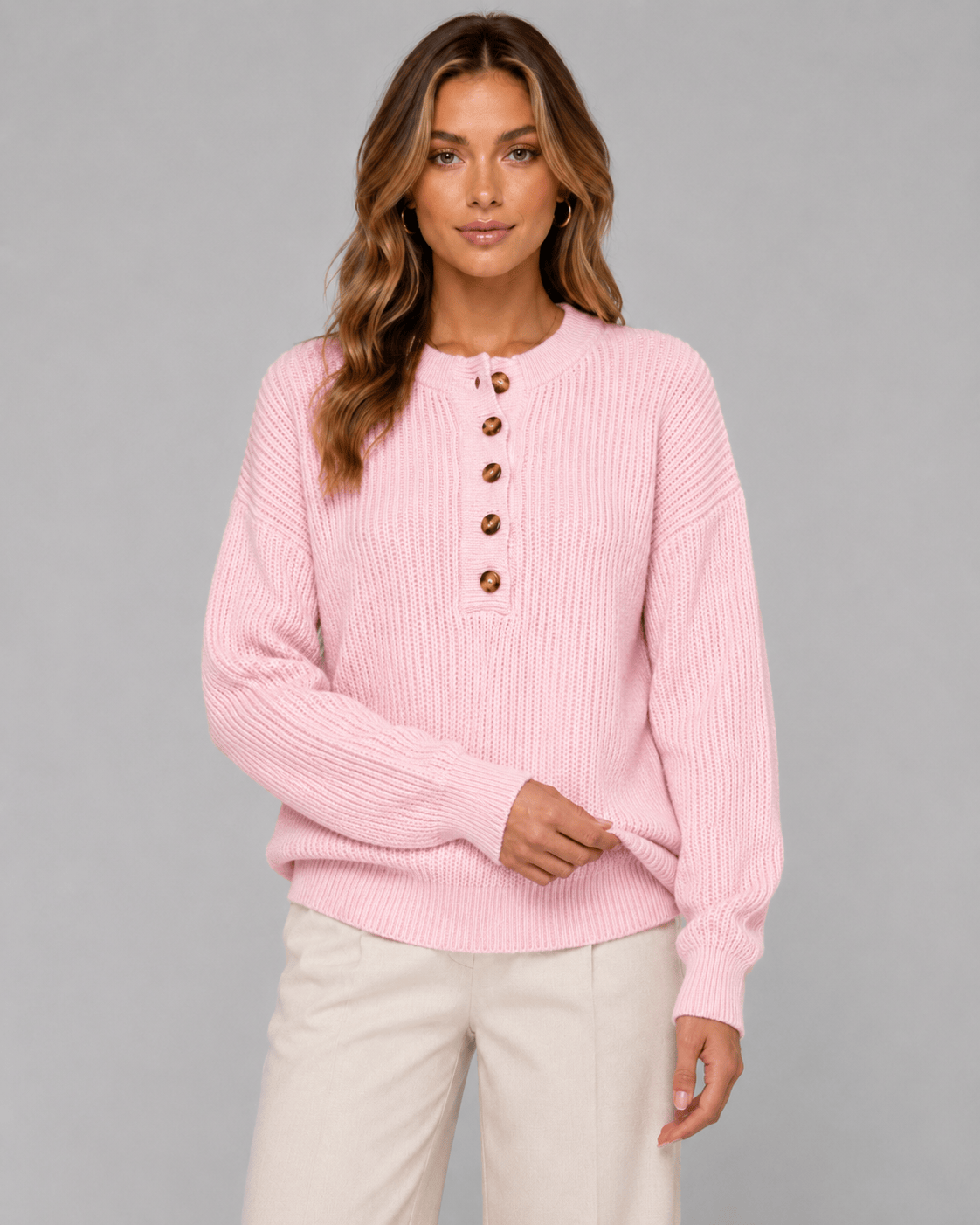 Women's Ribbed Knit Henley Jumper | Button Placket