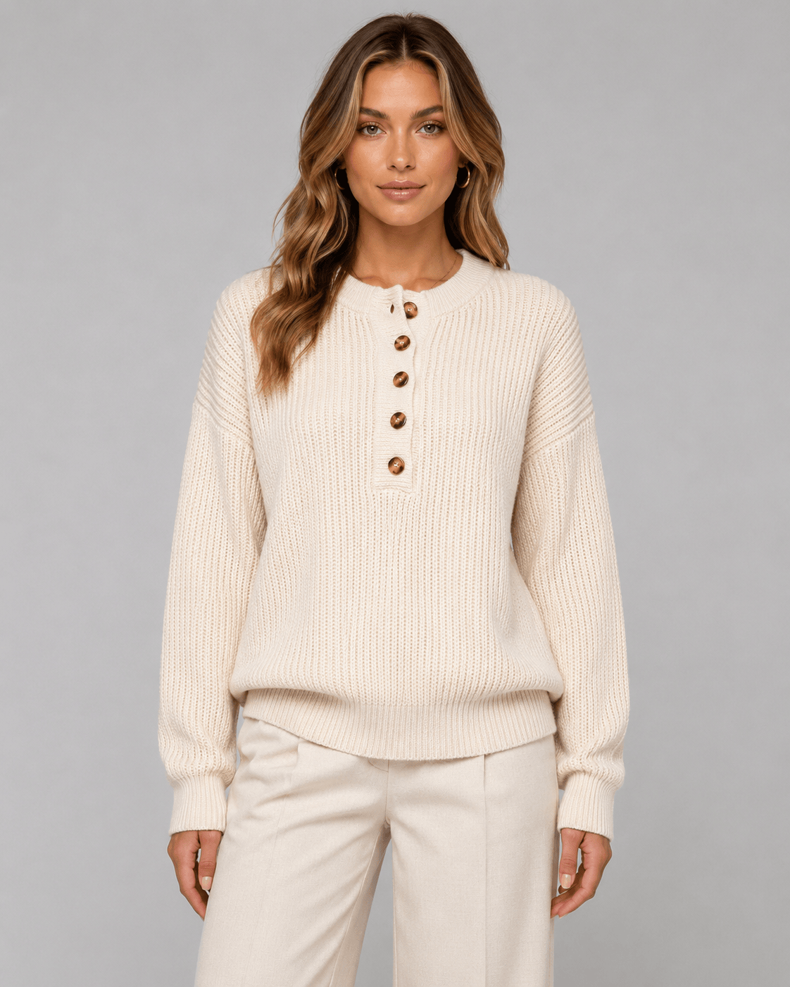 Women's Ribbed Knit Henley Jumper | Button Placket