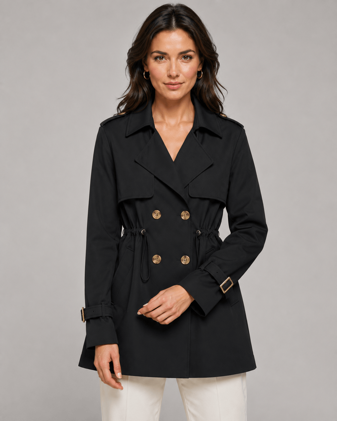 Short Double Breasted Woman Coat with Notch Lapel and Drawstring Waist