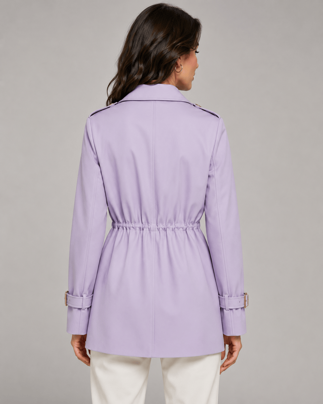 Short Double Breasted Woman Coat with Notch Lapel and Drawstring Waist