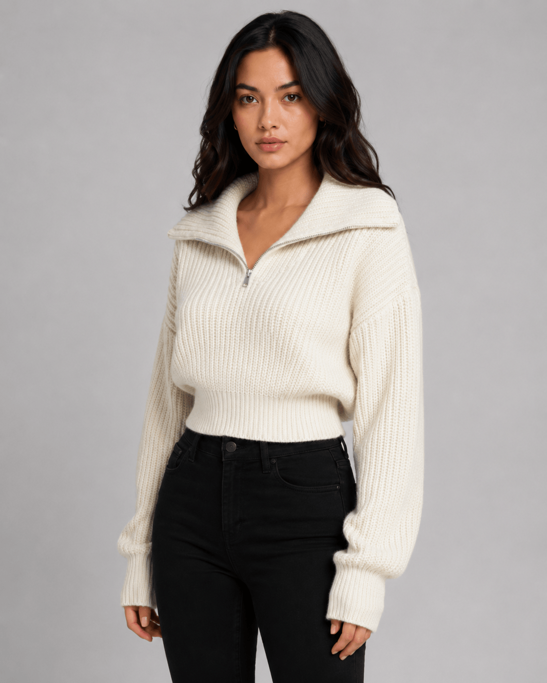 Women's Half-Zip Ribbed Jumper | Cropped Fit & Wide Collar