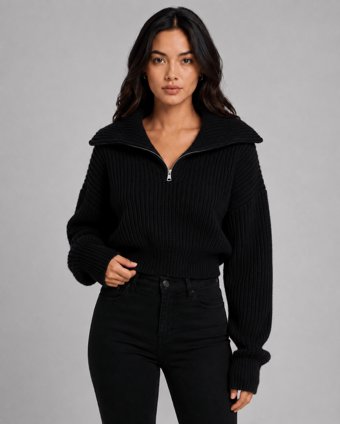 Women's Half-Zip Ribbed Jumper | Cropped Fit & Wide Collar
