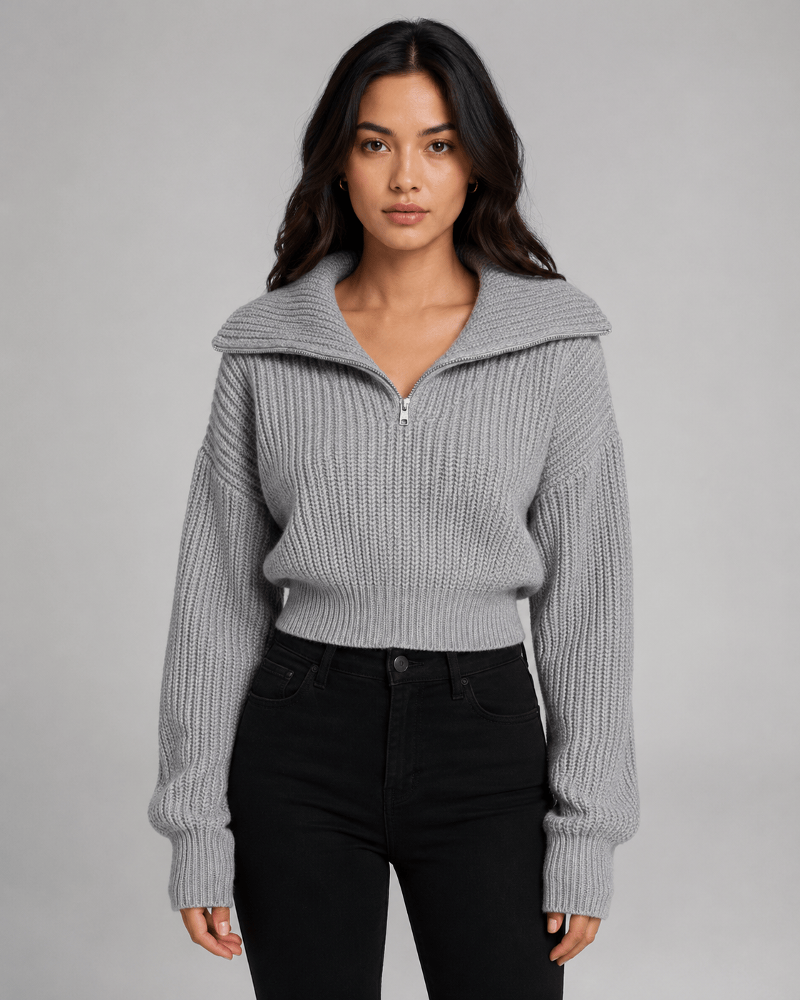 Women's Half-Zip Ribbed Jumper | Cropped Fit & Wide Collar