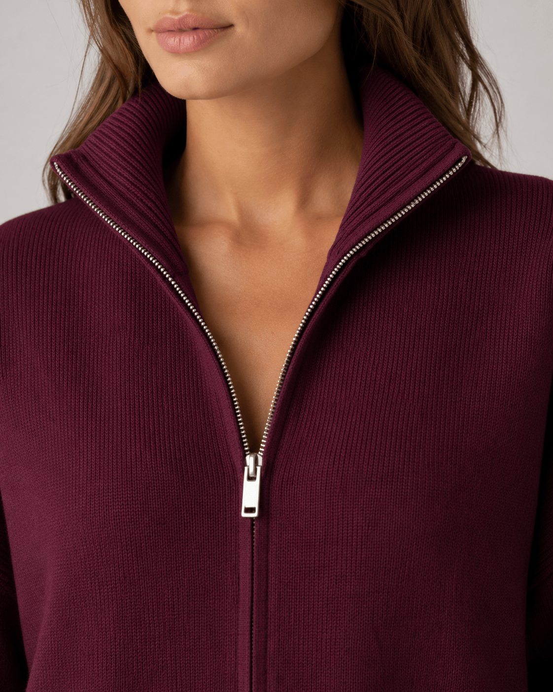 Womens Zip-Up Funnel Neck Cardigan with Relaxed Drop-Shoulder Fit