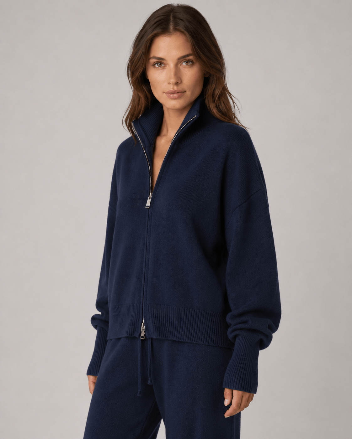 Womens Zip-Up Funnel Neck Cardigan with Relaxed Drop-Shoulder Fit