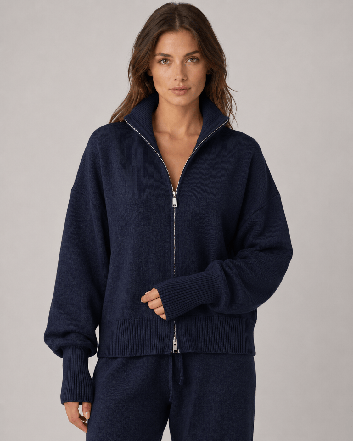 Womens Zip-Up Funnel Neck Cardigan with Relaxed Drop-Shoulder Fit