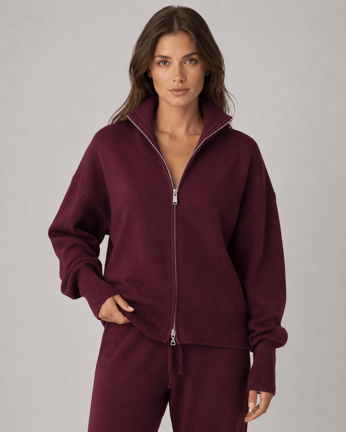 Womens Zip-Up Funnel Neck Cardigan with Relaxed Drop-Shoulder Fit