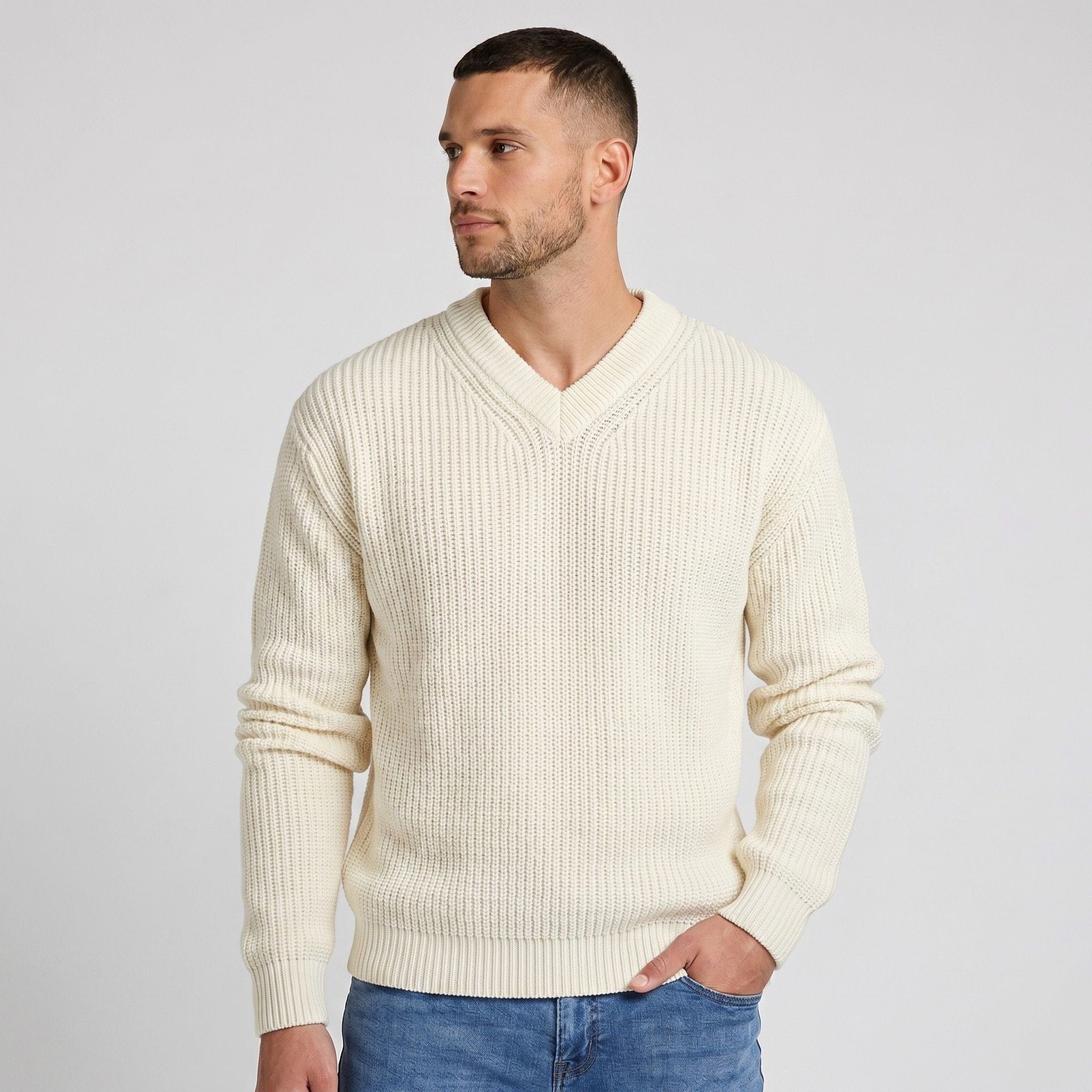 Men's Knitted V-Neck Jumper | Ribbed Trim
