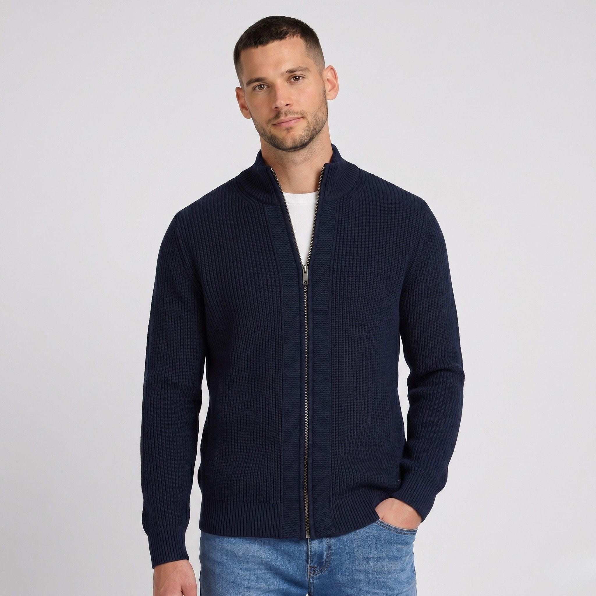 Men's Knit Cardigan | Full Zip & Stand Collar