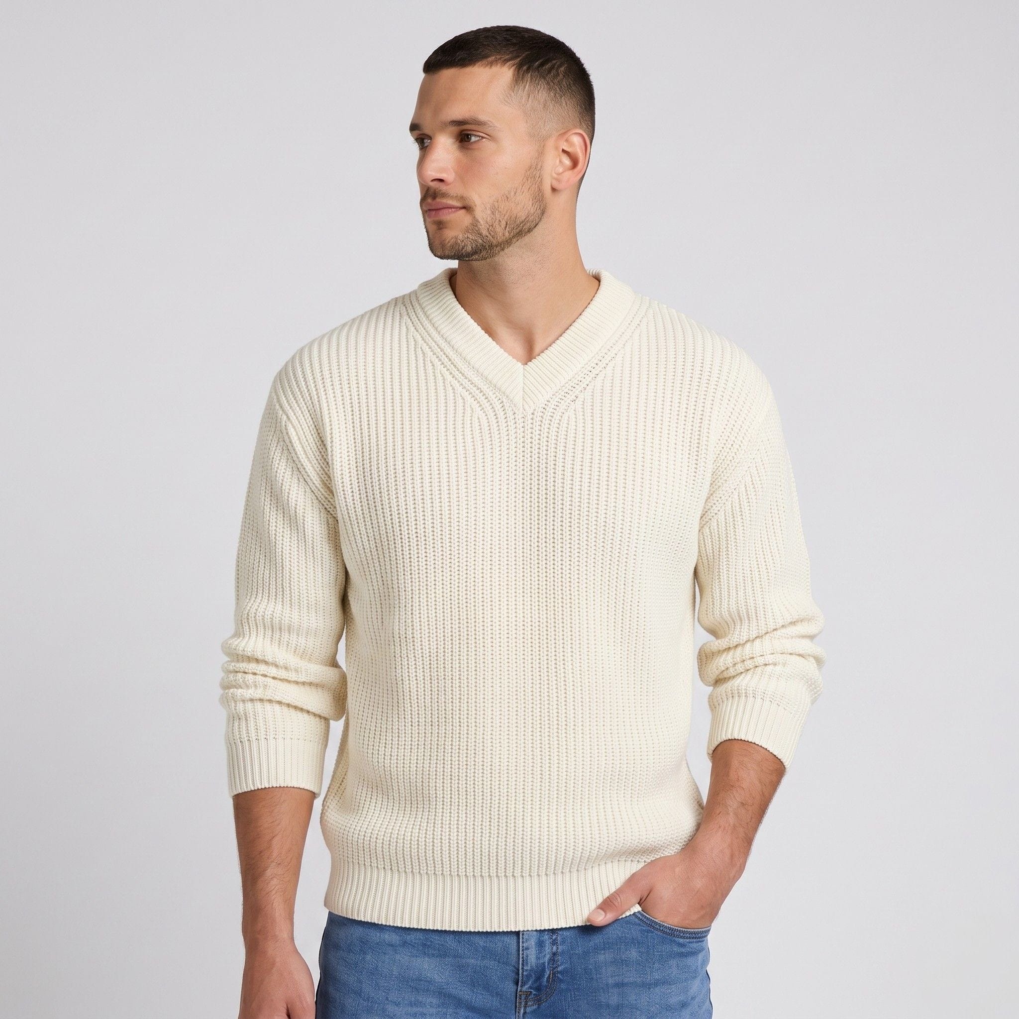 Men's Knitted V-Neck Jumper | Ribbed Trim
