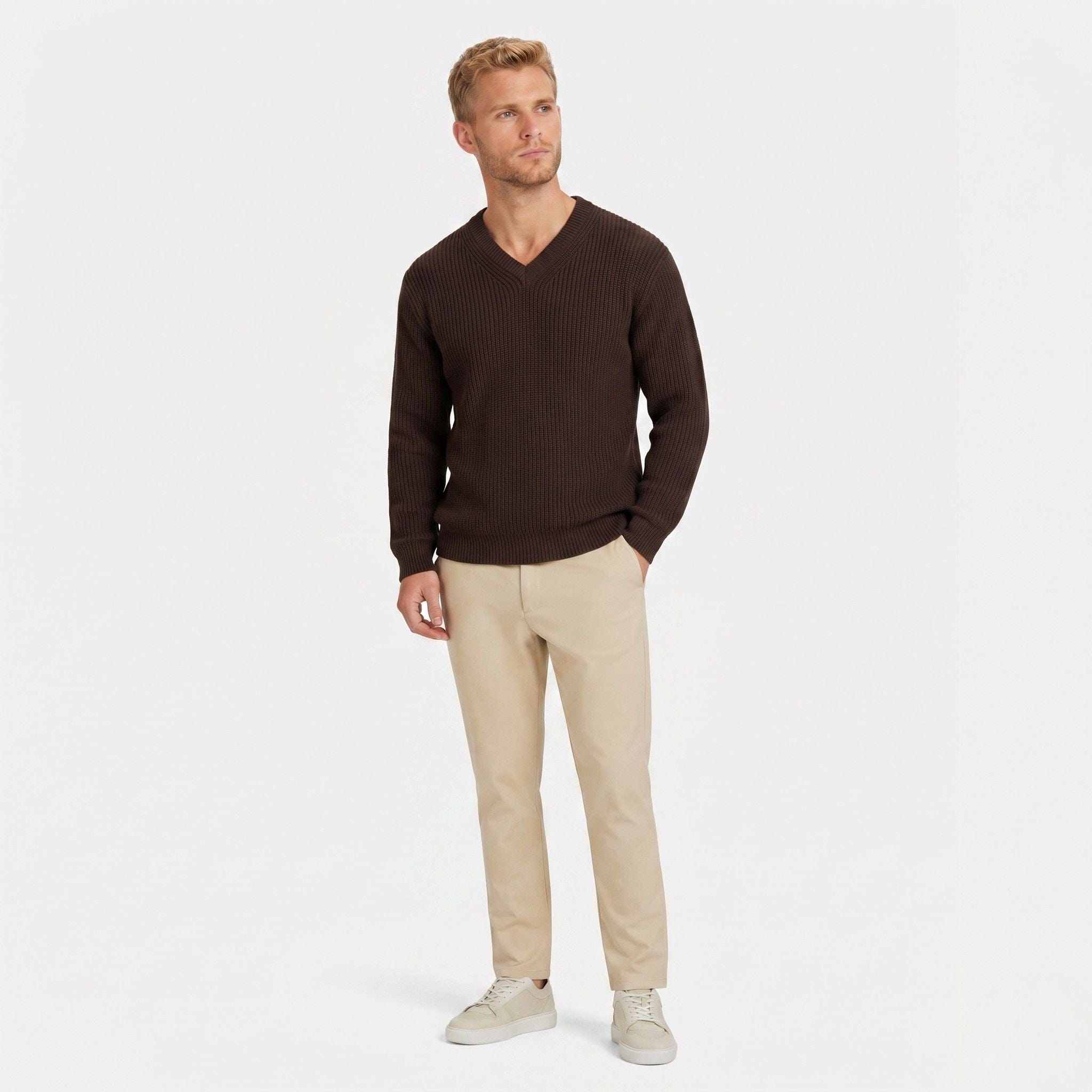 Men's Knitted V-Neck Jumper | Ribbed Trim
