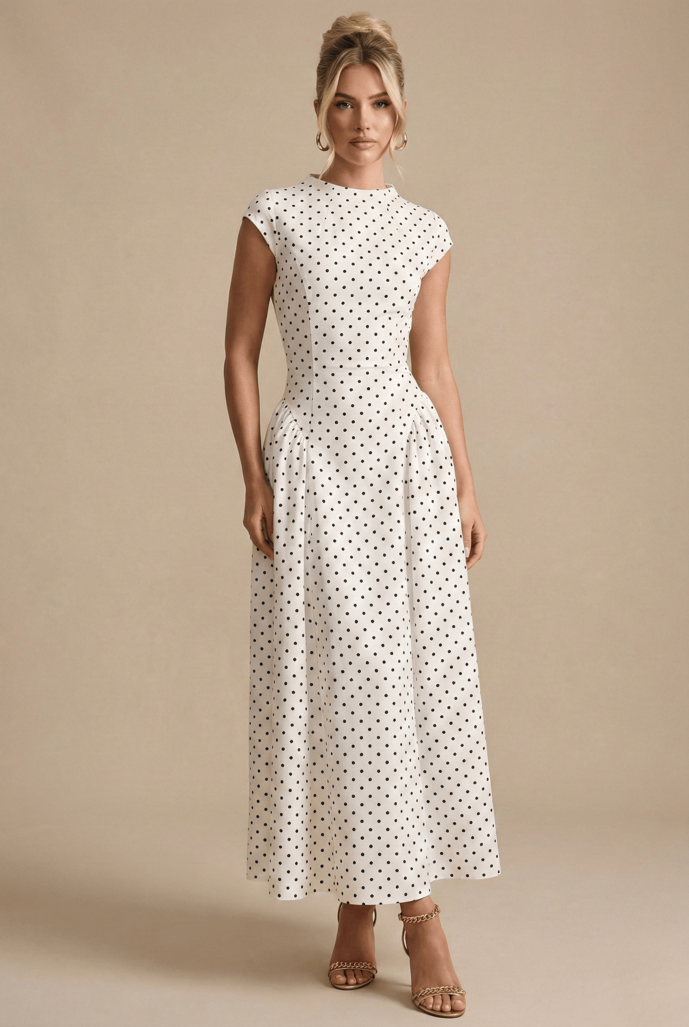 Wedding Guest Dress Women Maxi | Polka Dot Print, Round Neck & Cap Sleeves