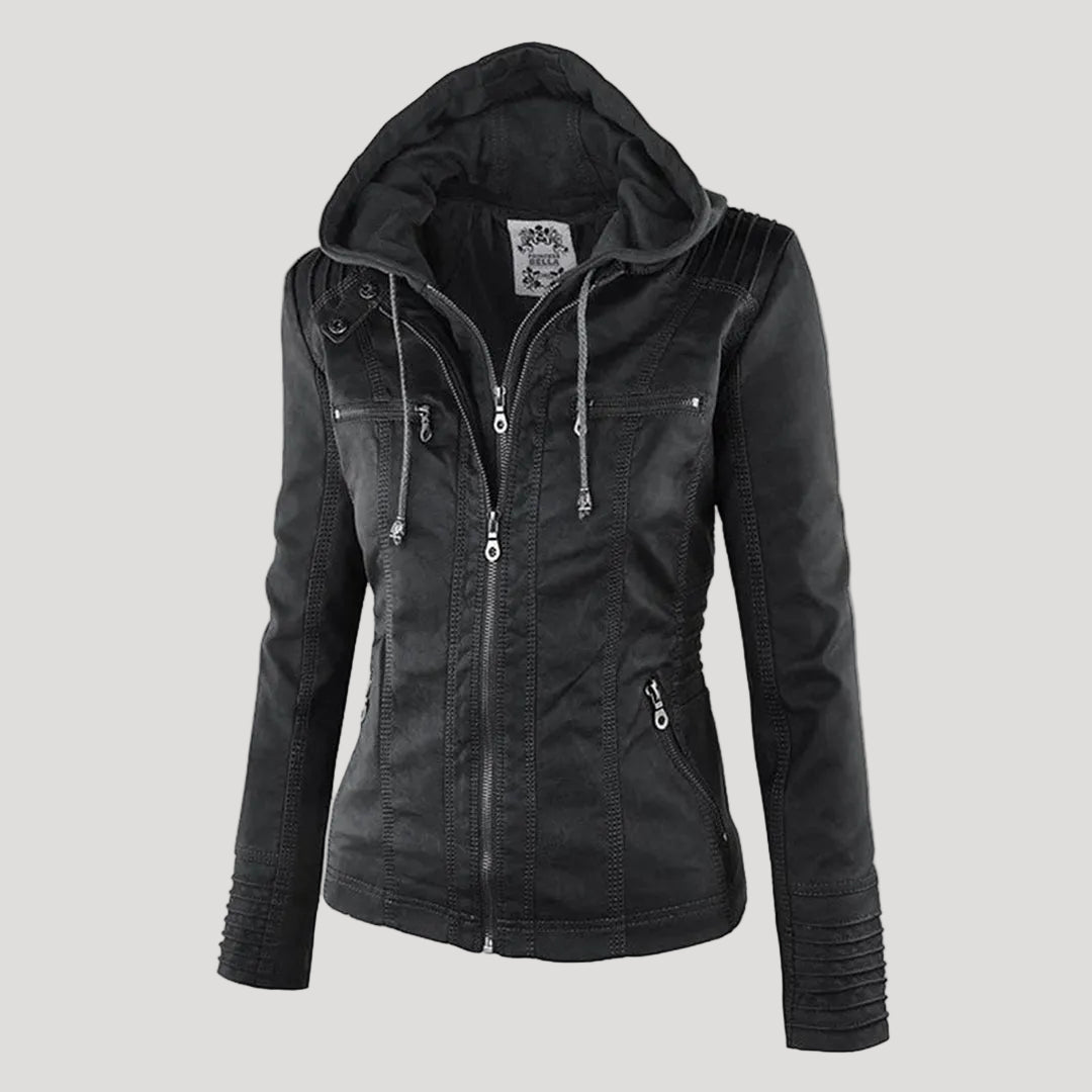 Women’s Faux Leather Jacket | Hooded Zip & Biker Look