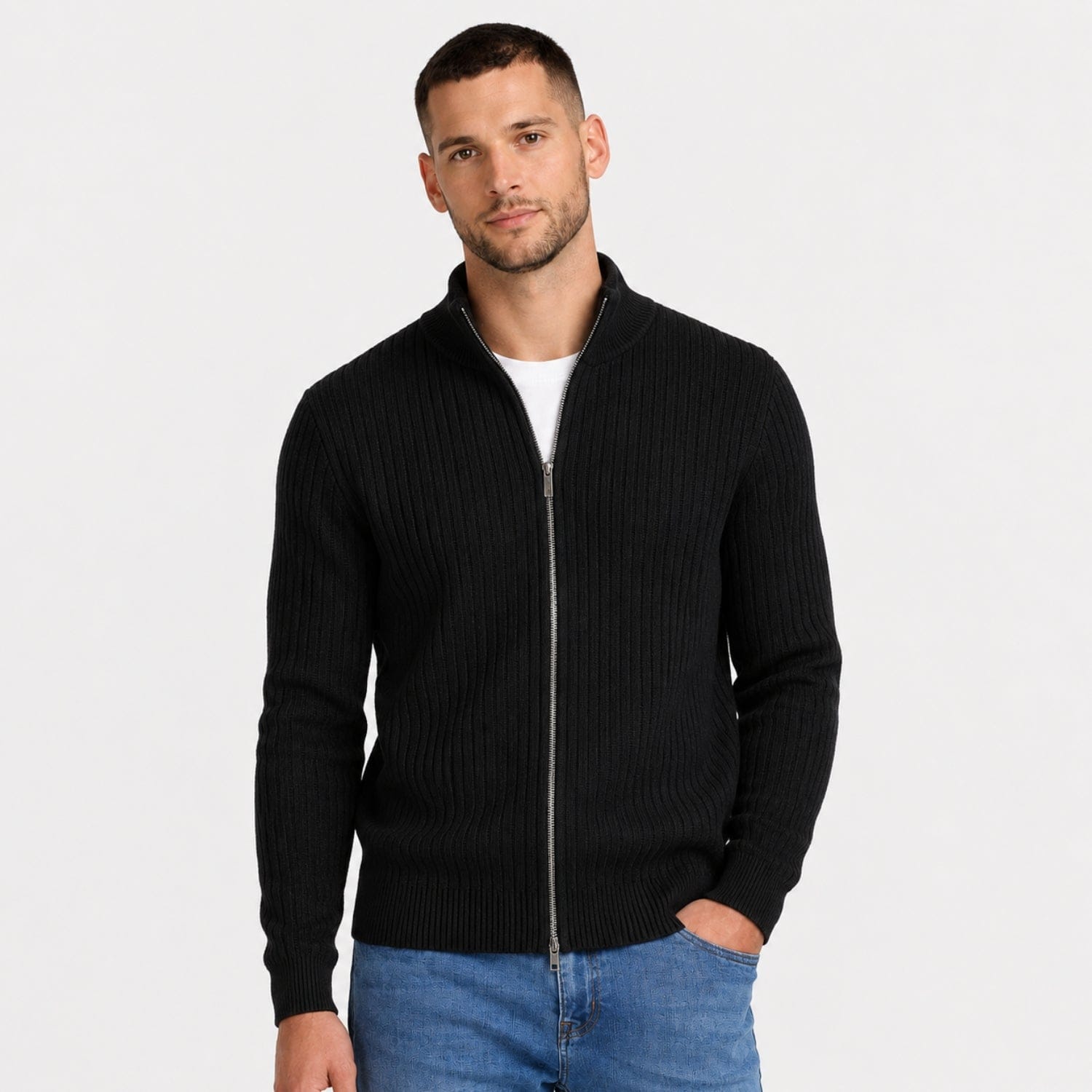 Men's Ribbed Zip-Up Cardigan | Stand Collar
