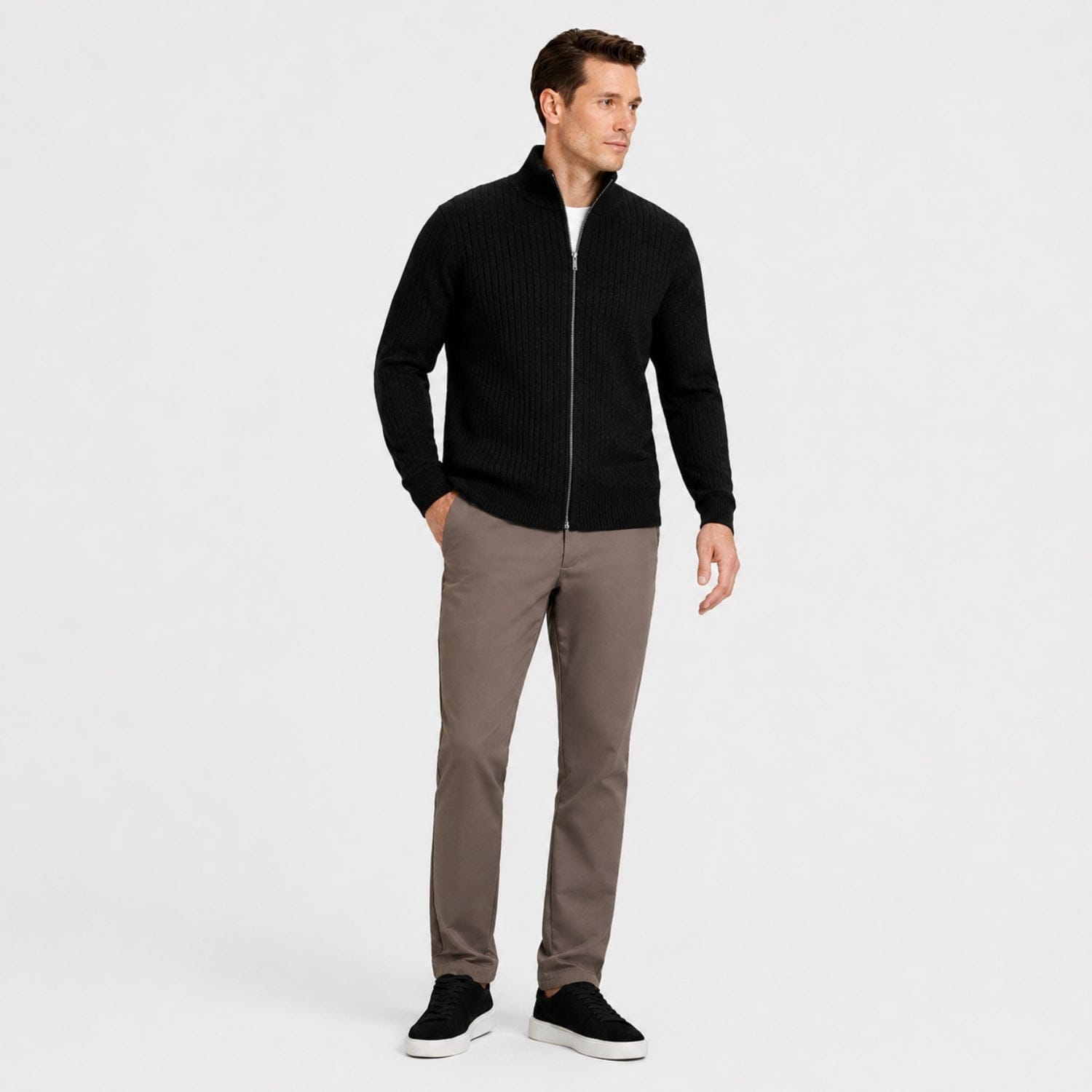 Men's Ribbed Zip-Up Cardigan | Stand Collar