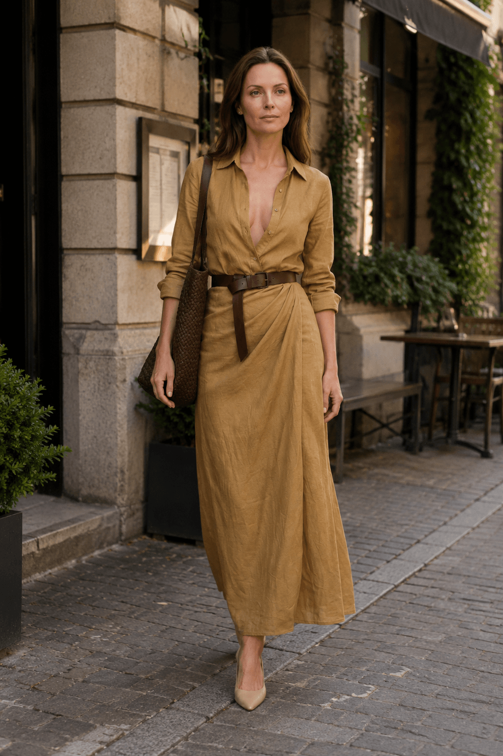 Women's Maxi Shirt Dress | Deep V-Neck & Draped Wrap Skirt