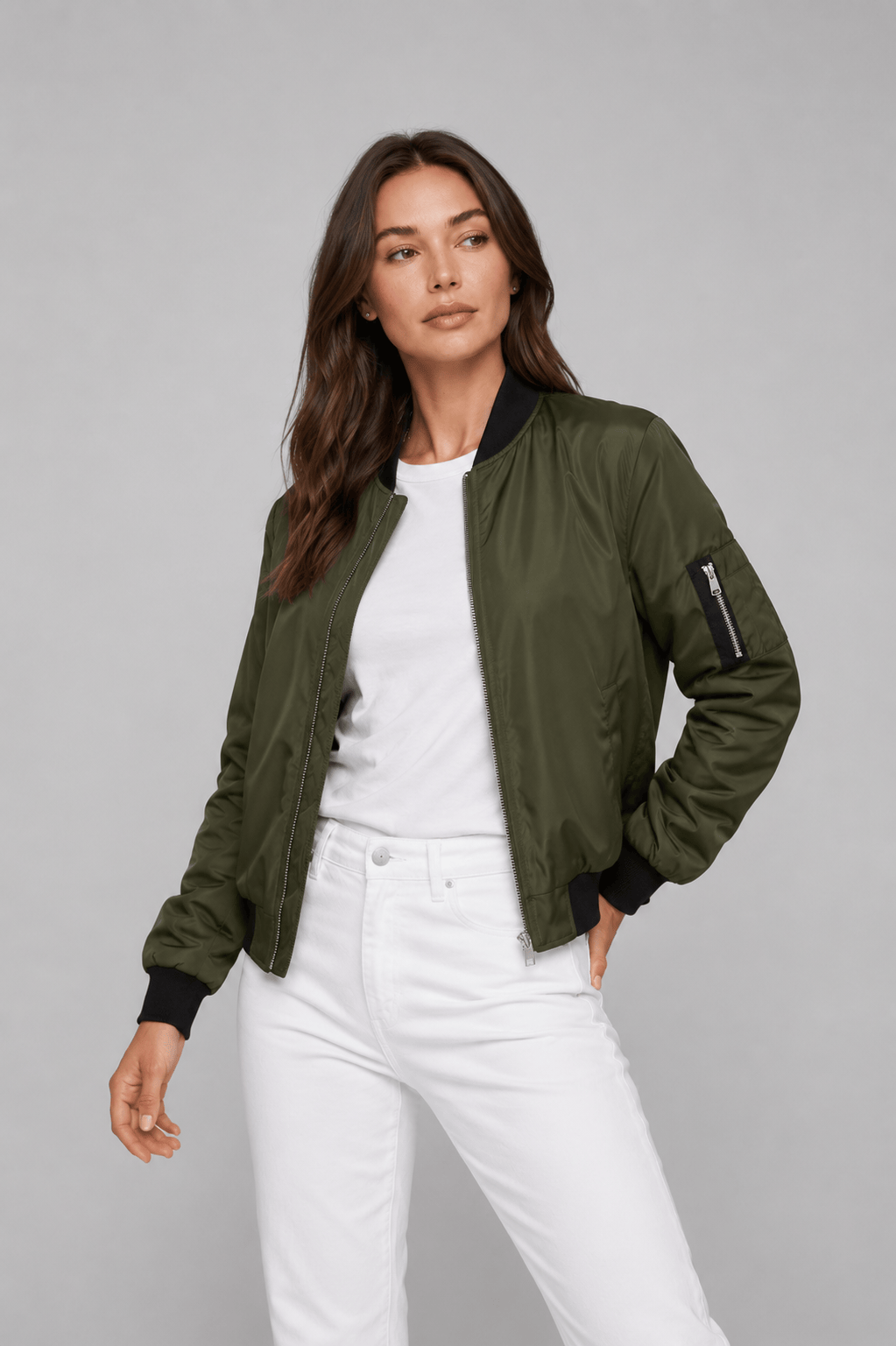 Women's Stand Collar Long Sleeves Casual Bomber Jacket | Zip Up