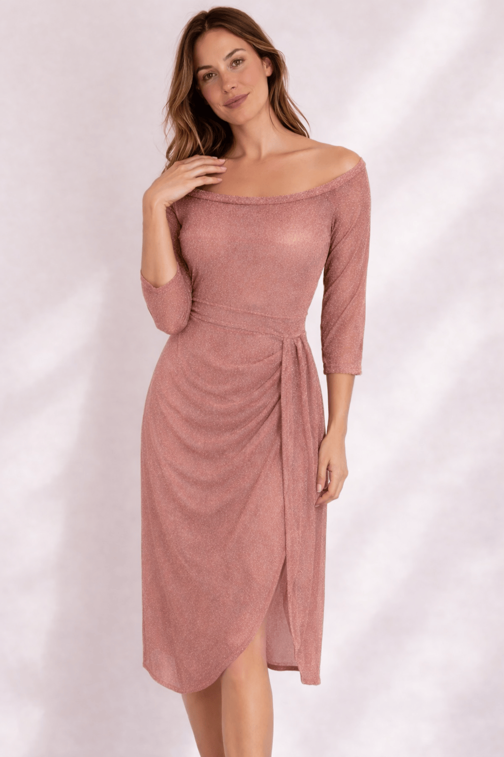 Women's Midi Dress Off-Shoulder | Glitter Fabric & Draped Wrap Skirt