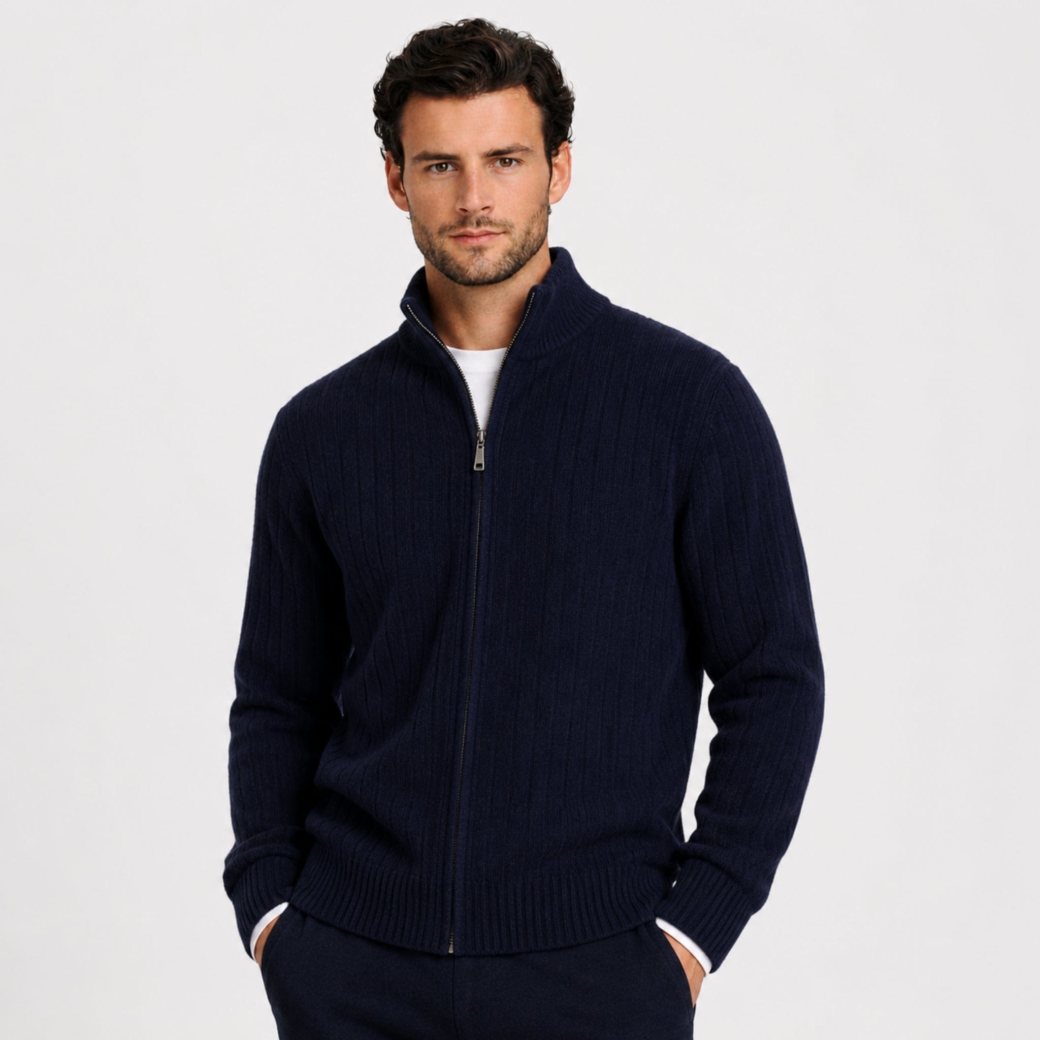 Men's Ribbed Cardigan | Funnel Neck & Full Zip
