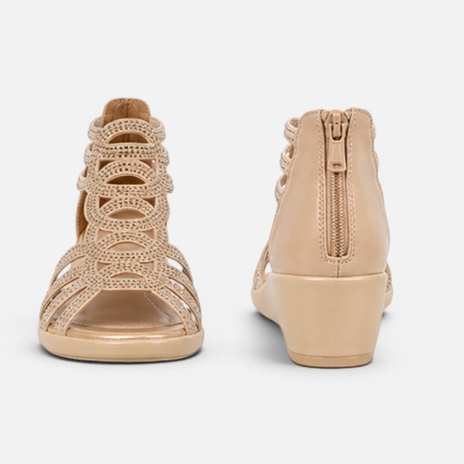 Women's Multi-Strap Wedge Sandals with Embellished Detail – Beige & Black