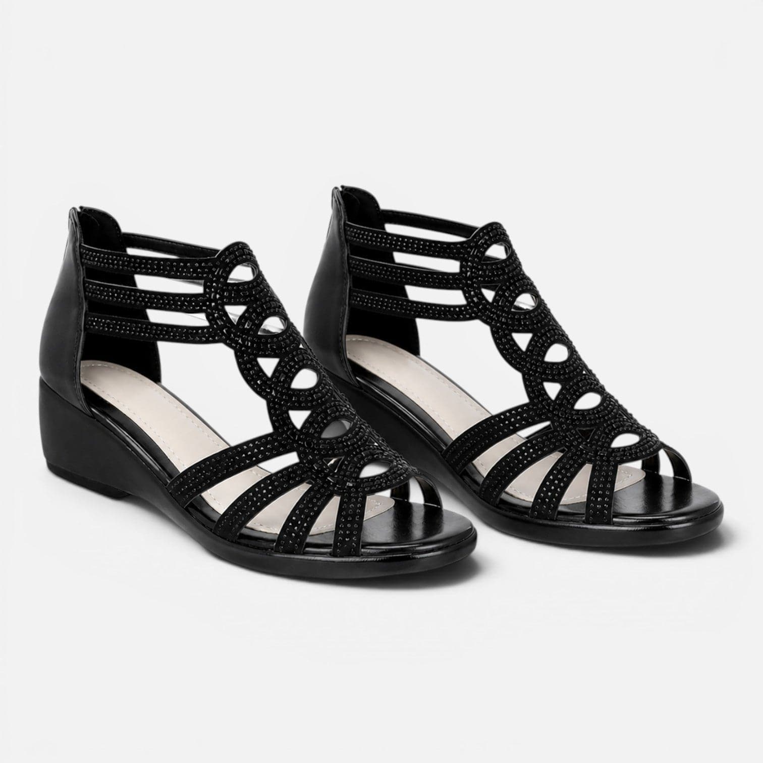 Women's Multi-Strap Wedge Sandals with Embellished Detail – Beige & Black