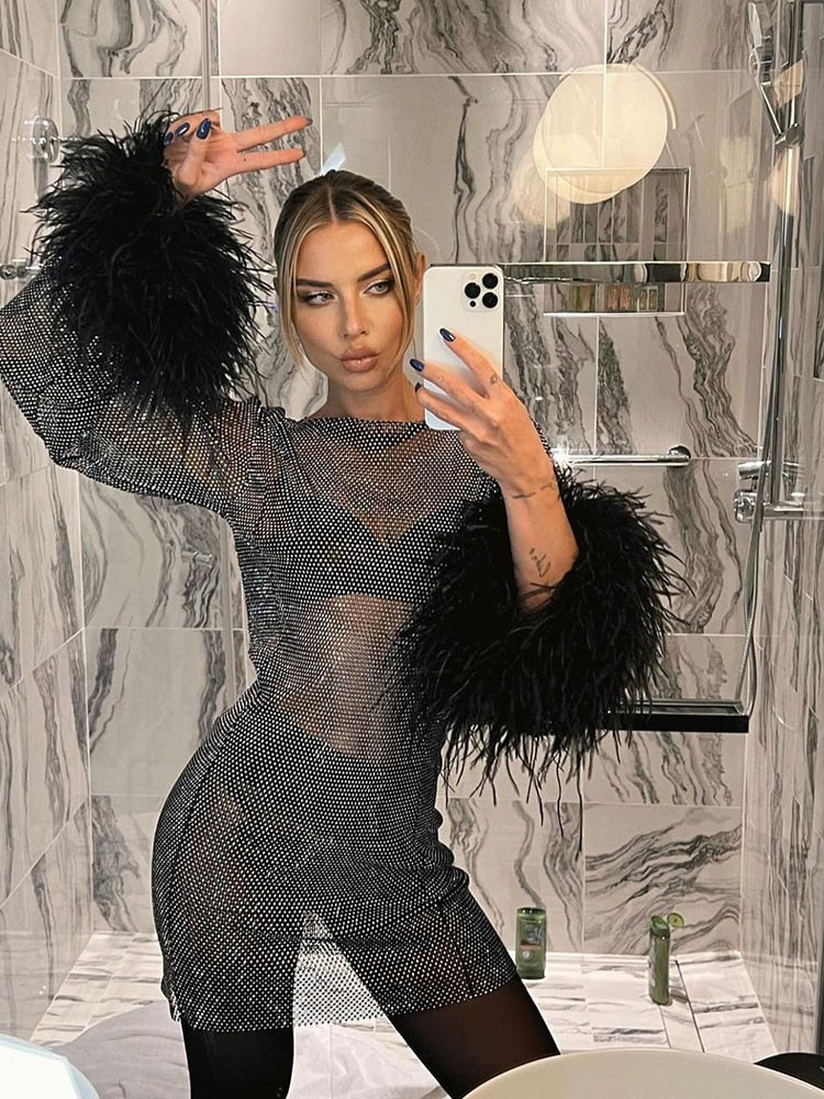 Women's High Neck Long Sleeve Sequin Dress | Mini