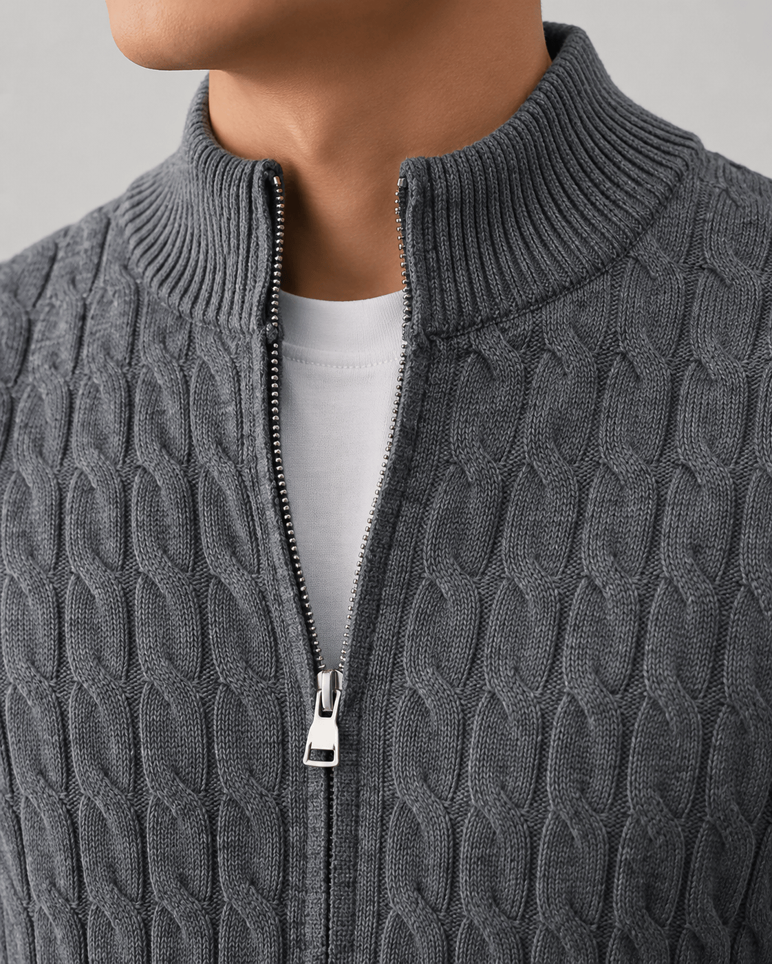 Full-Zip Cable Cardigan for Man with Ribbed Stand Collar and Regular Fit