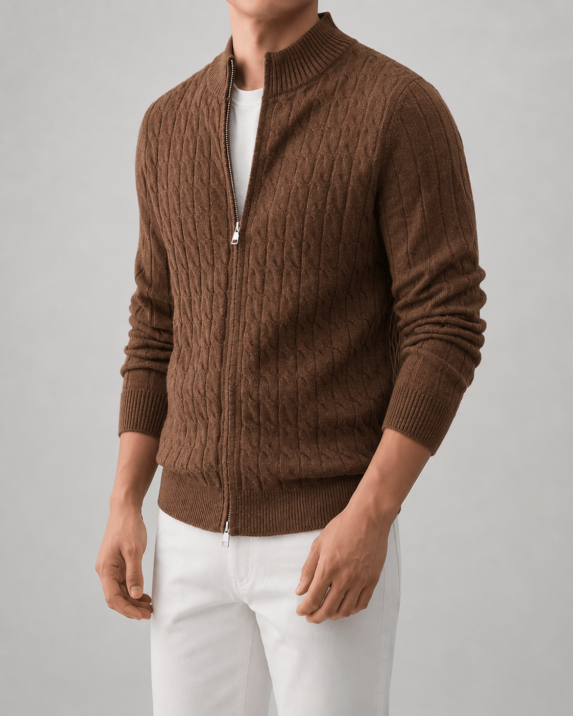 Full-Zip Cable Cardigan for Man with Ribbed Stand Collar and Regular Fit