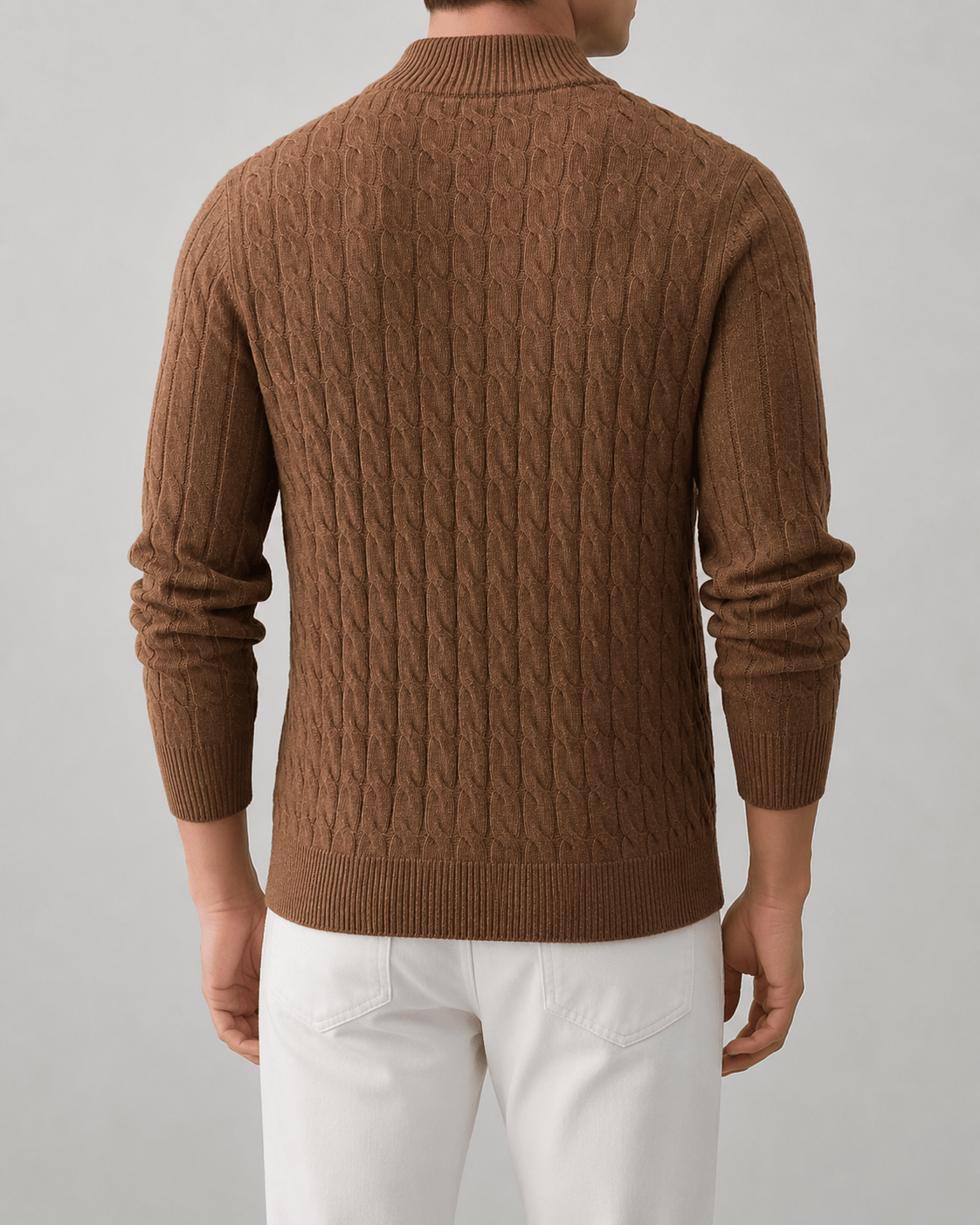 Full-Zip Cable Cardigan for Man with Ribbed Stand Collar and Regular Fit