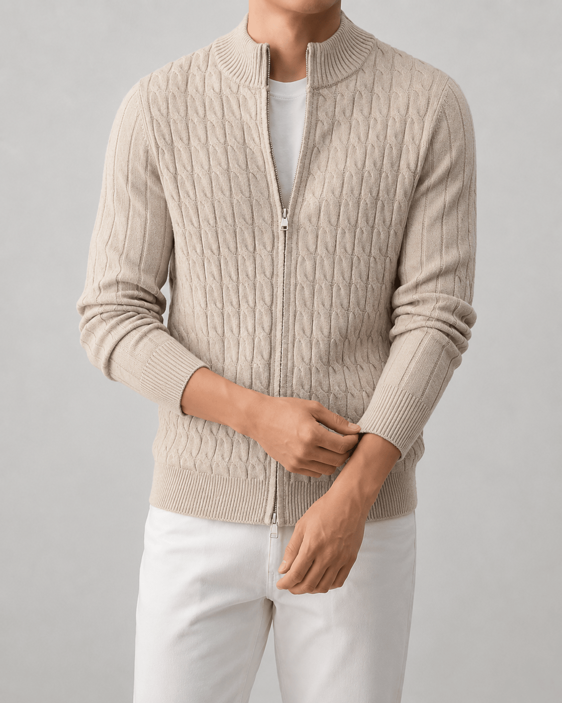 Full-Zip Cable Cardigan for Man with Ribbed Stand Collar and Regular Fit