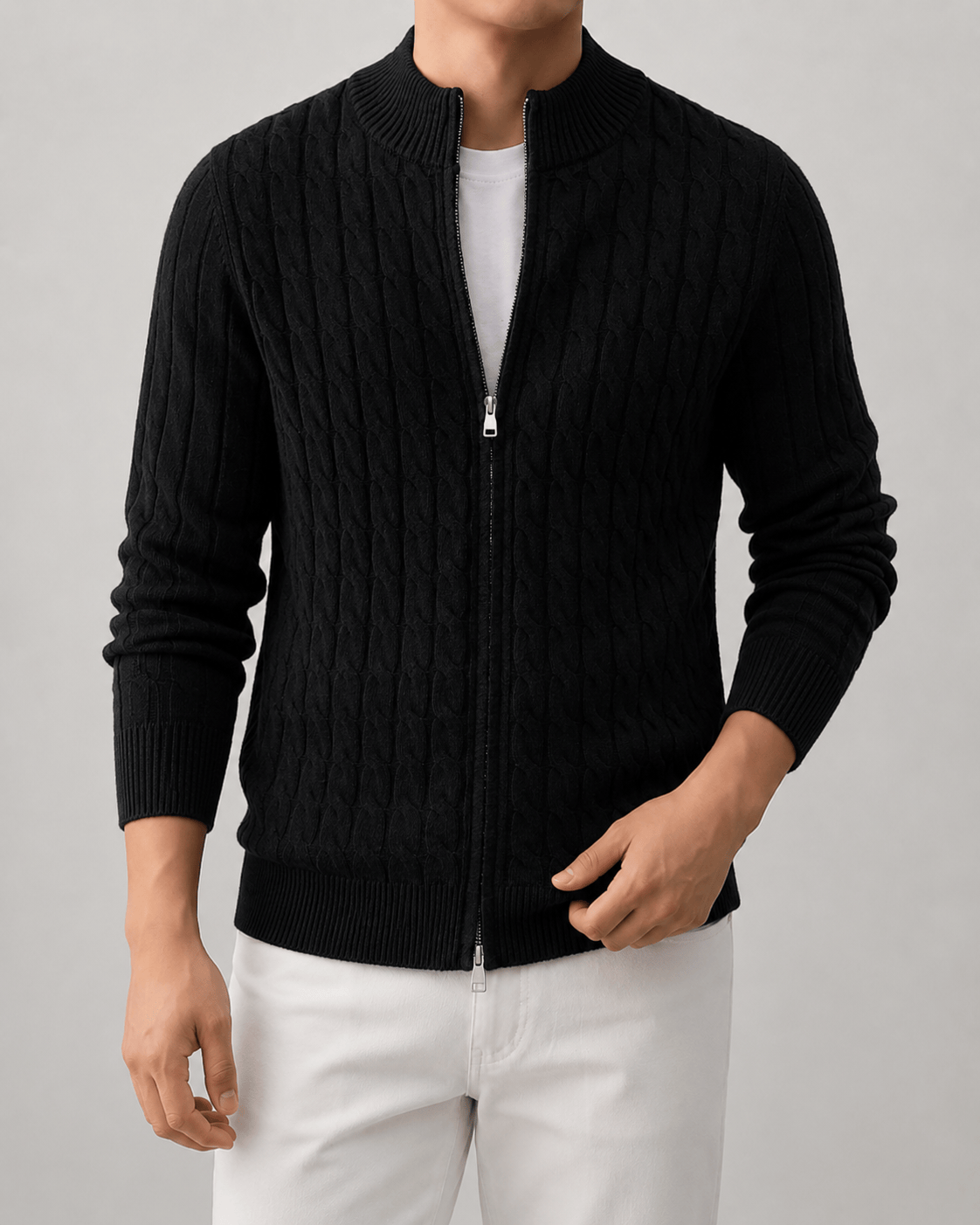 Full-Zip Cable Cardigan for Man with Ribbed Stand Collar and Regular Fit