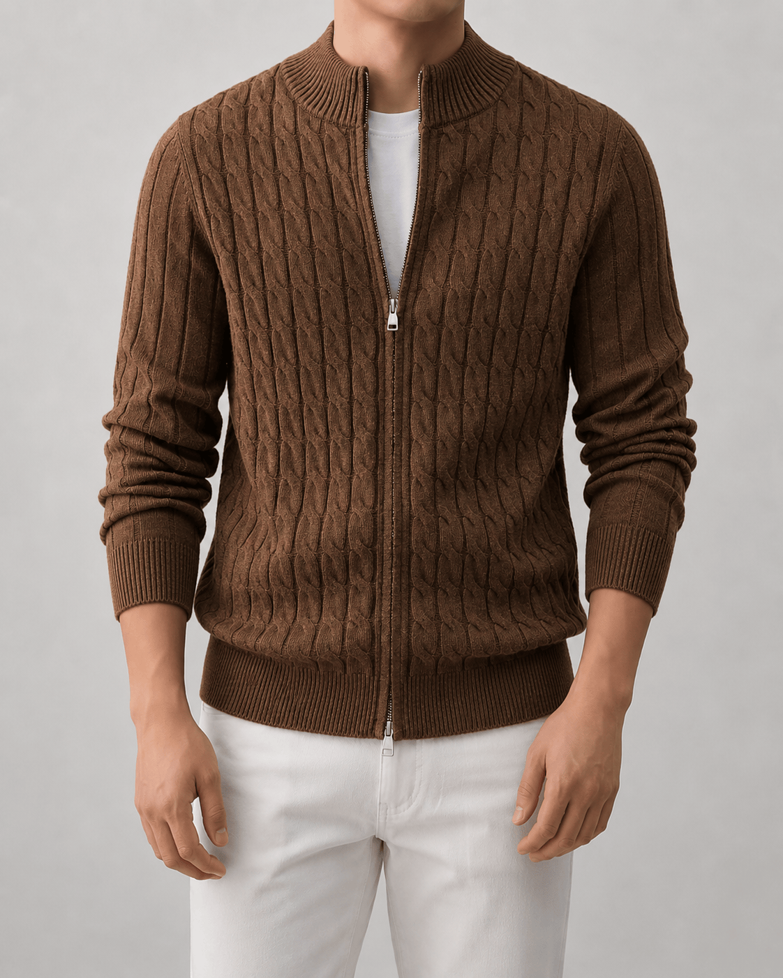 Full-Zip Cable Cardigan for Man with Ribbed Stand Collar and Regular Fit