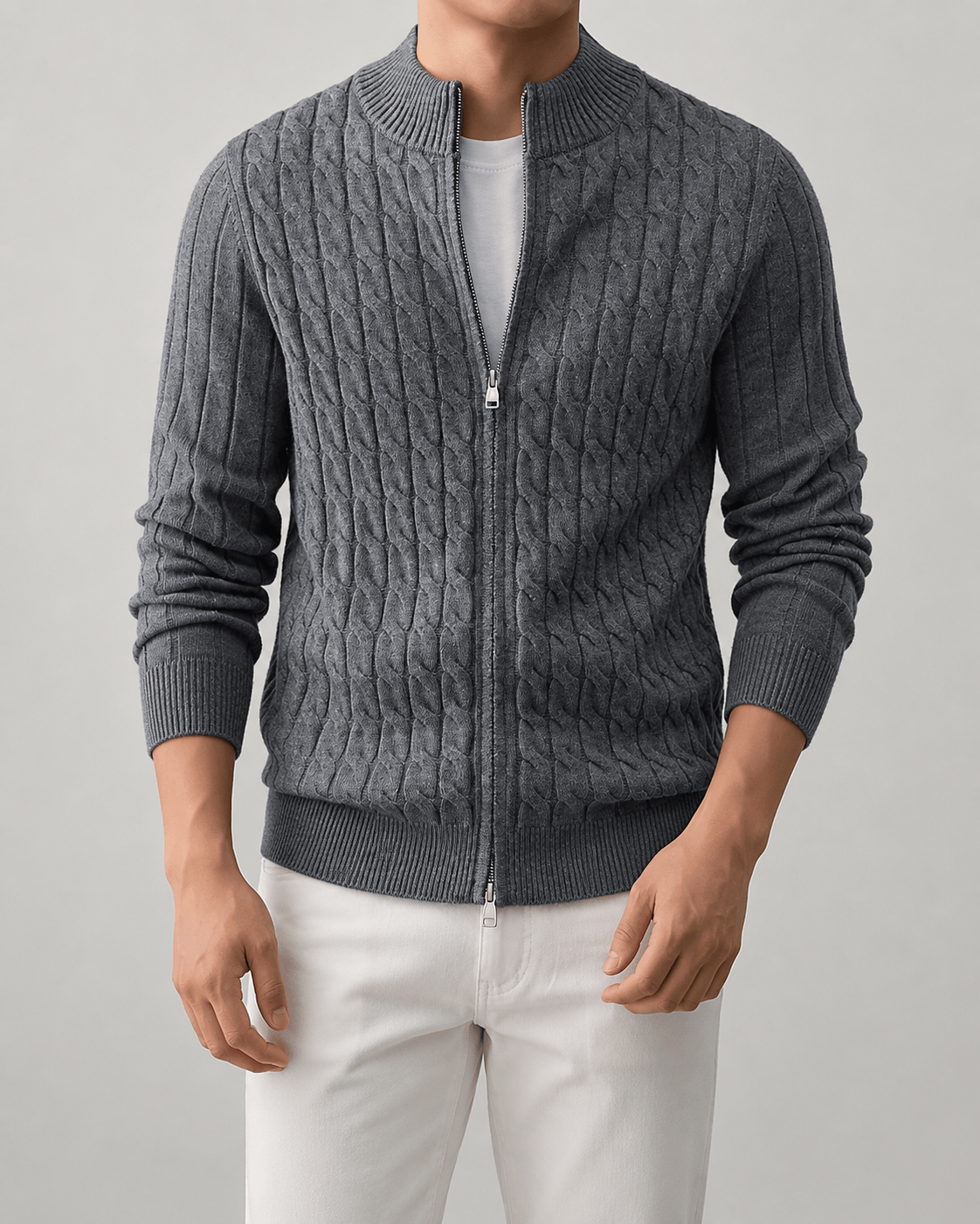 Full-Zip Cable Cardigan for Man with Ribbed Stand Collar and Regular Fit