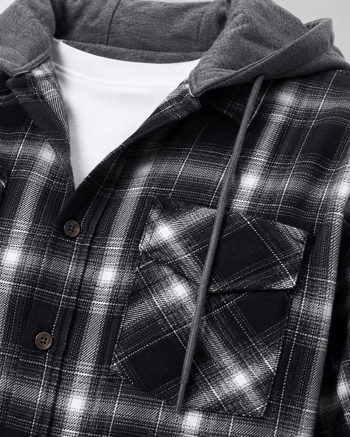 Relaxed Fit Mens Check Hoodie with Contrast Hood and Flap Chest Pockets