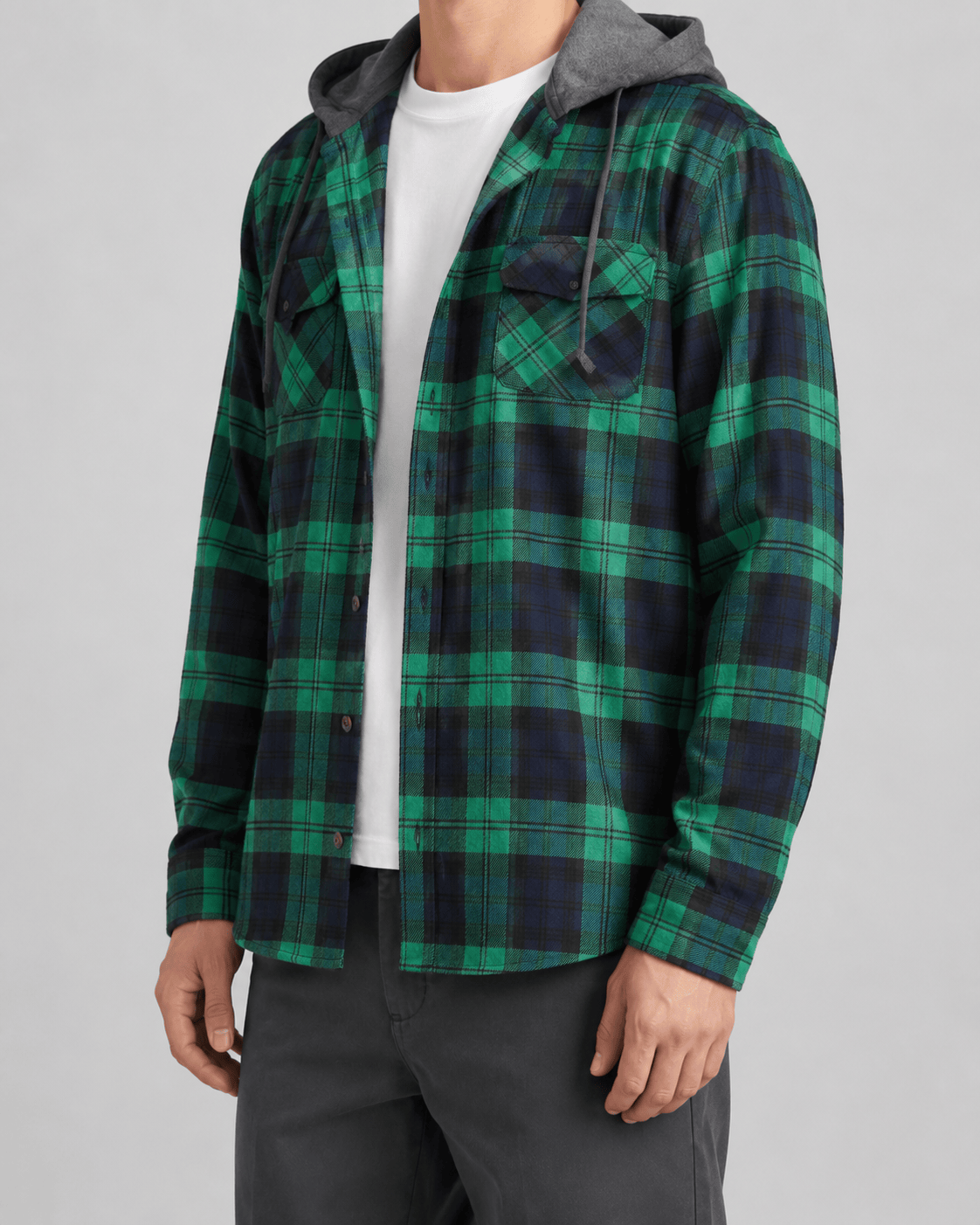 Relaxed Fit Mens Check Hoodie with Contrast Hood and Flap Chest Pockets