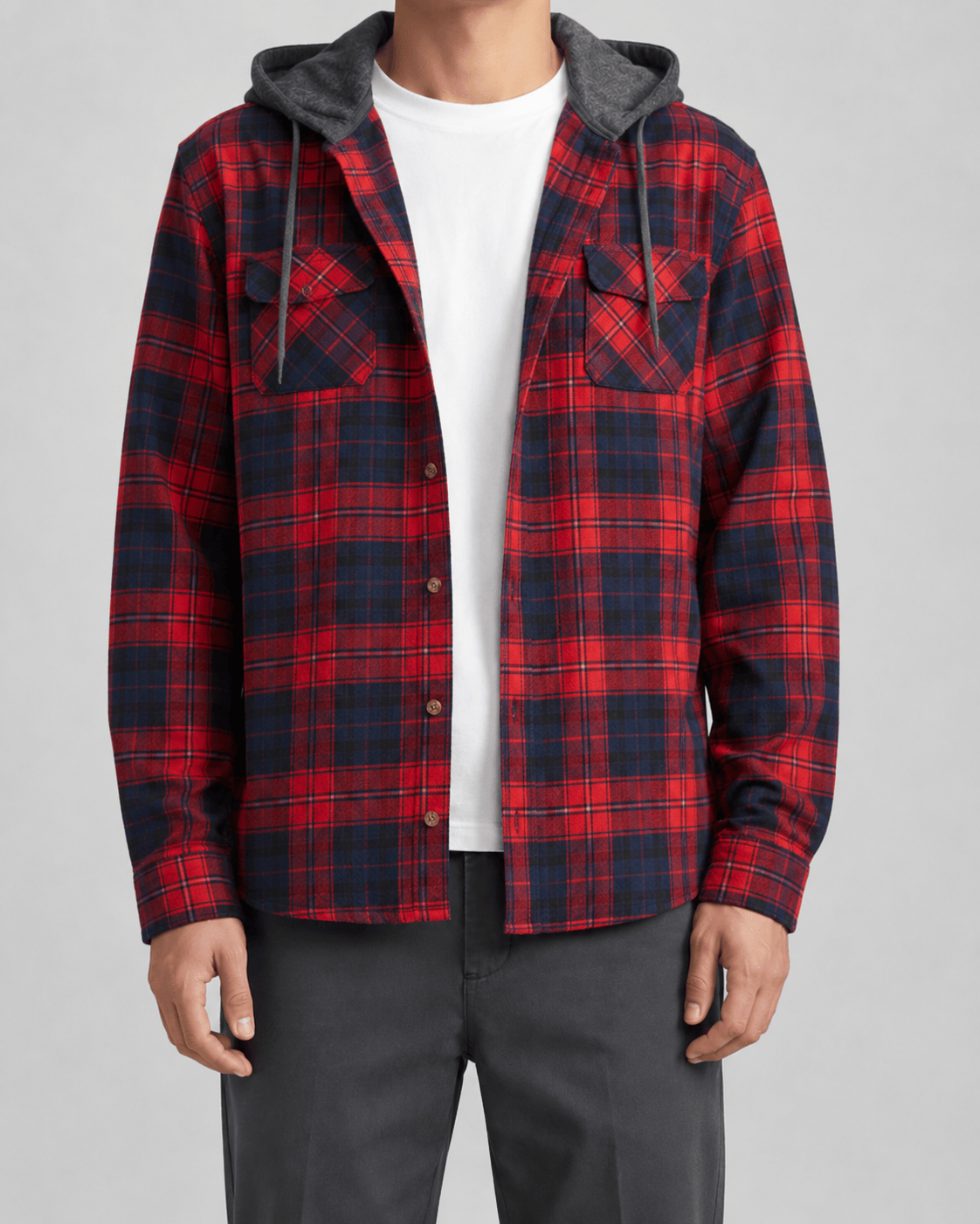 Relaxed Fit Mens Check Hoodie with Contrast Hood and Flap Chest Pockets