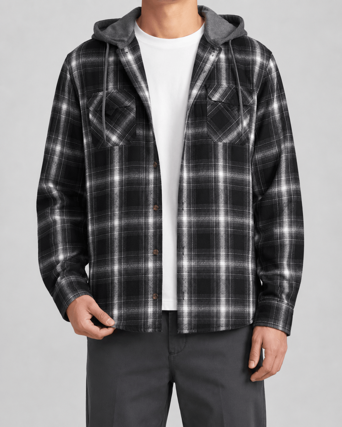 Relaxed Fit Mens Check Hoodie with Contrast Hood and Flap Chest Pockets