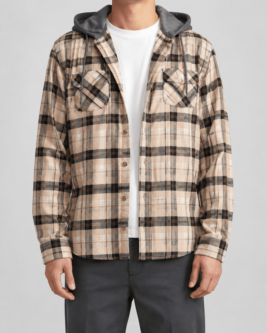 Relaxed Fit Mens Check Hoodie with Contrast Hood and Flap Chest Pockets