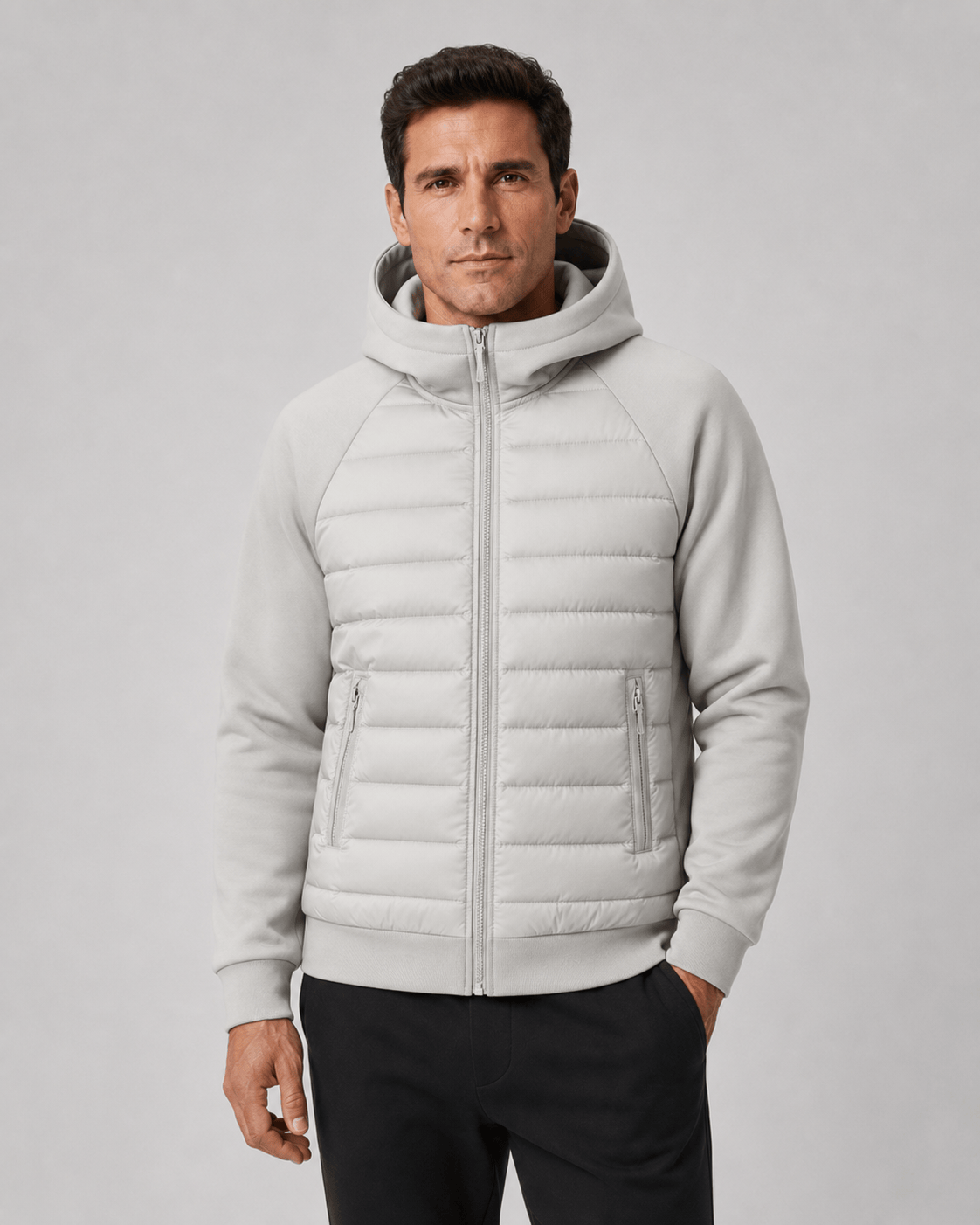 Quilted Full Zip Mens Hoodie with Zip Front Pockets and Ribbed Cuffs