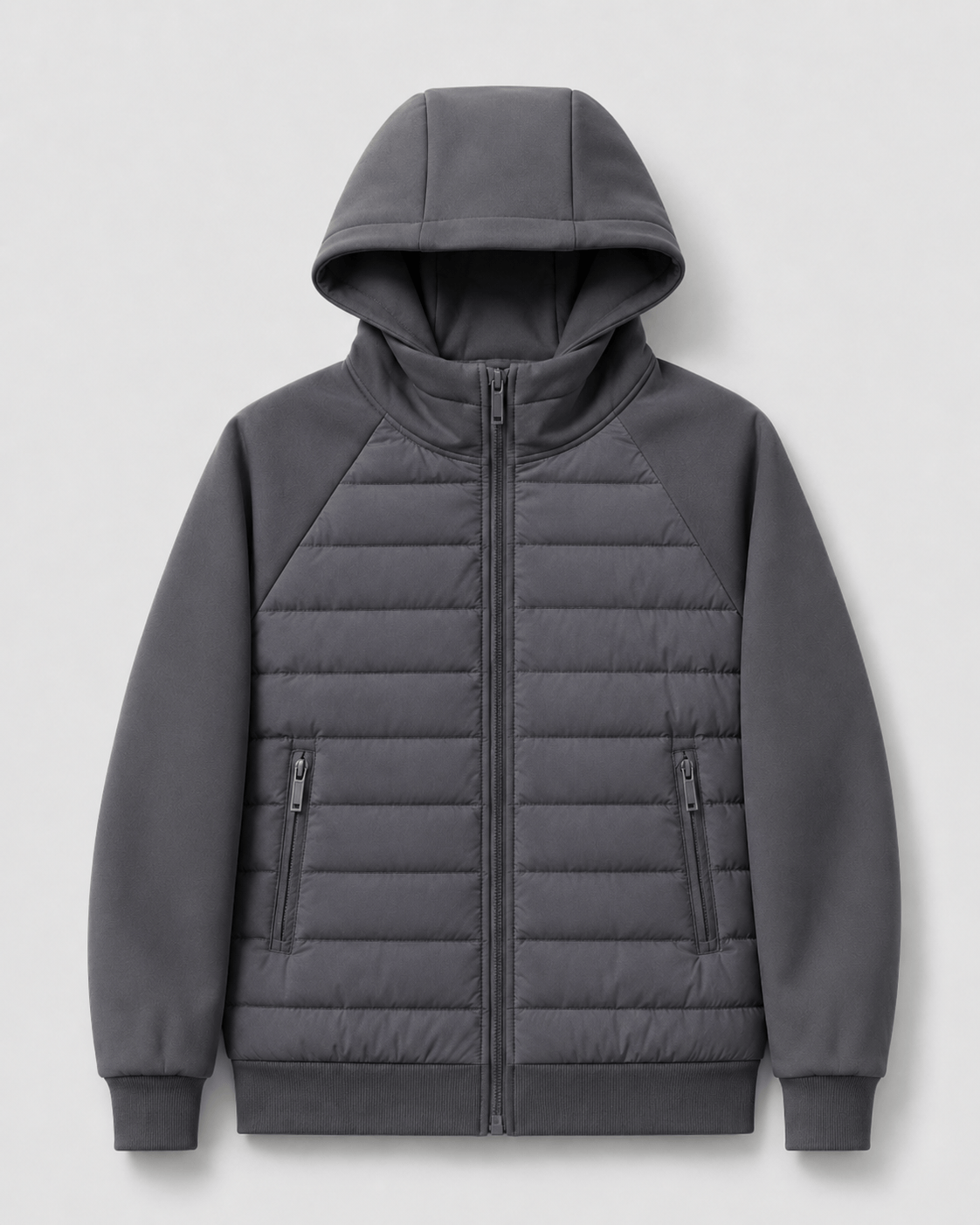Quilted Full Zip Mens Hoodie with Zip Front Pockets and Ribbed Cuffs