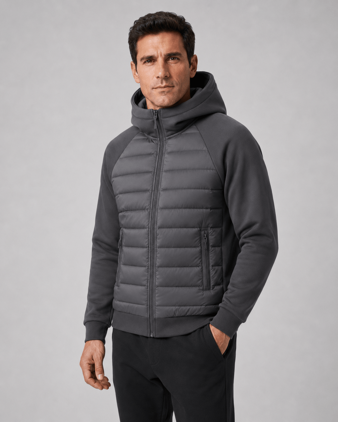 Quilted Full Zip Mens Hoodie with Zip Front Pockets and Ribbed Cuffs