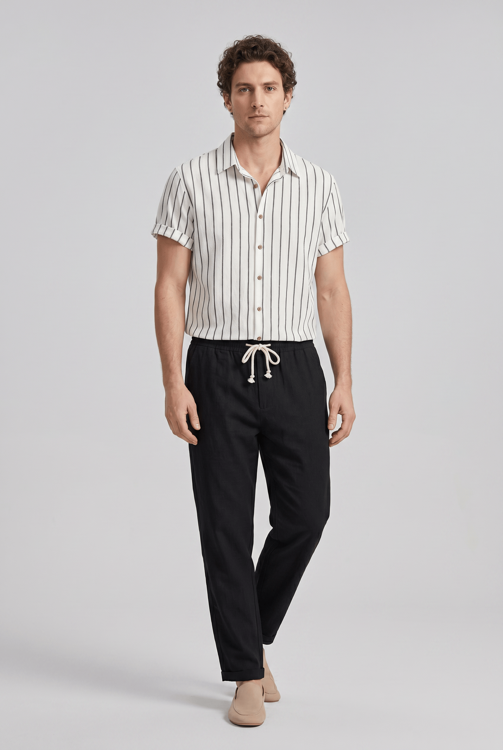 Men’s Collared Short Sleeves Casual Two Piece Summer Set | Vertical Stripe
