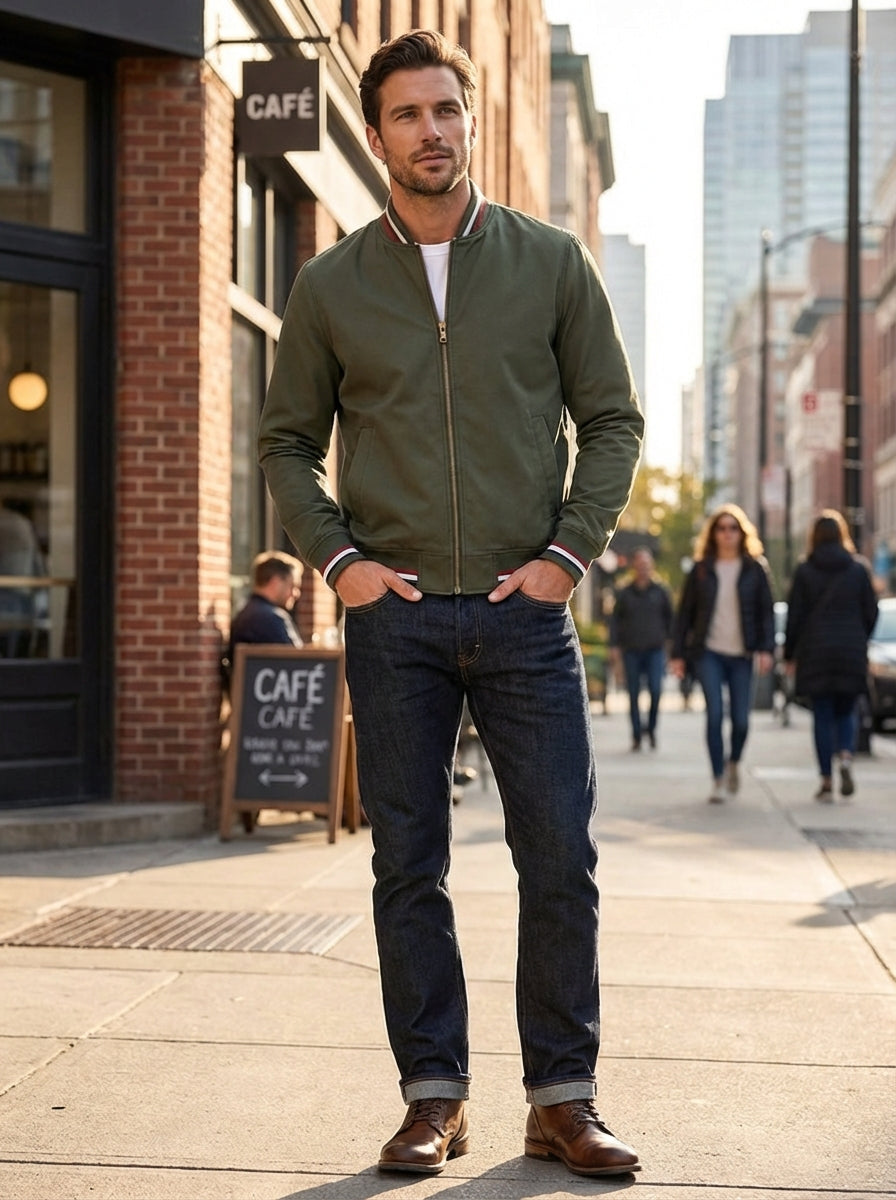 Men’s Classic Bomber Ribbed Trim Jacket | Zip-Up